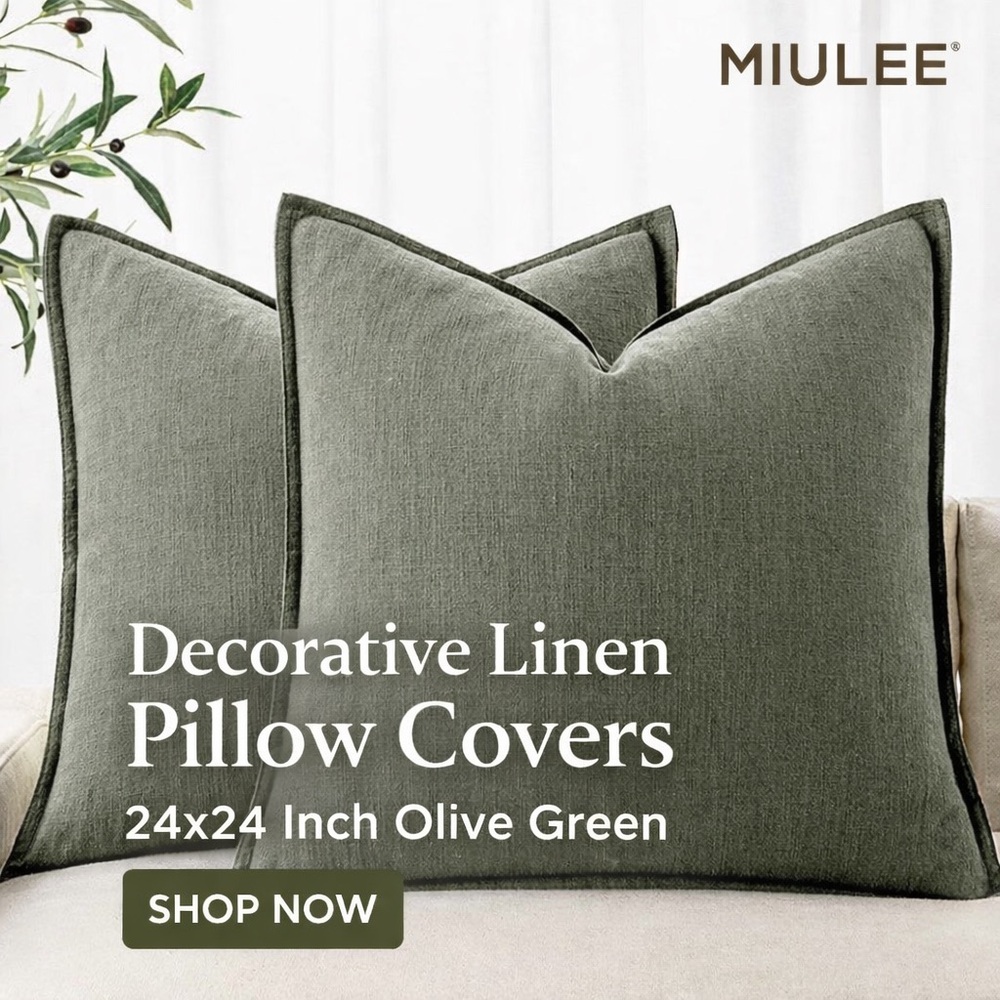 MIULEE Two Olive Green Linen Pillow Covers 24X24
